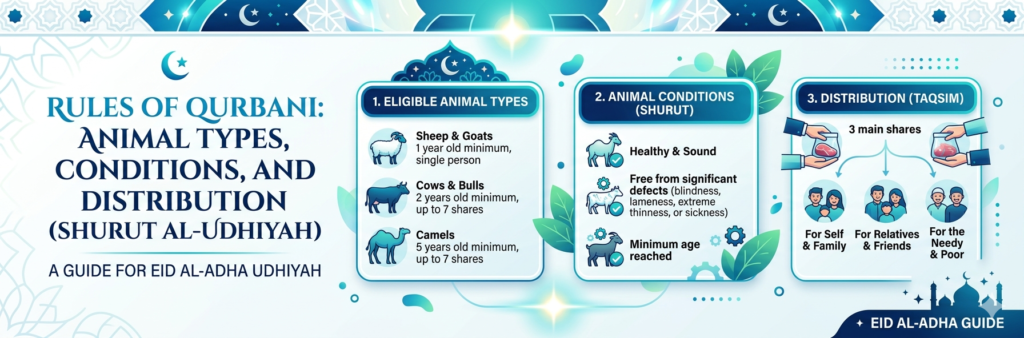 Rules of Qurbani Animal Types, Conditions, and Distribution (Shurut al-Udhiyah)
